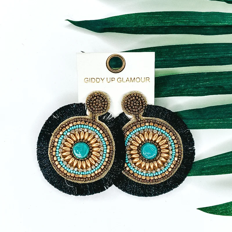 Drop Earrings with Wave Designs -Gold and Black Statement Flower Earrings with Fringe Trim