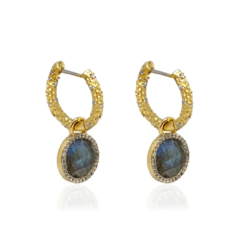 Drop Earrings for Formal Attire -GOLD CRYSTAL HUGGIES WITH SLIDE ON LABRADORITE CHARMS