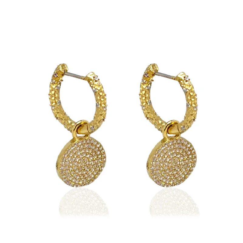 Drop Earrings for Festival Style -GOLD CRYSTAL HUGGIES WITH SLIDE ON PAVE DISC