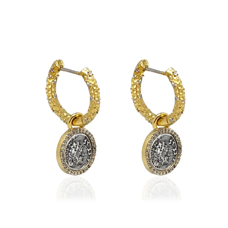 Drop Earrings for Evening Gown -GOLD CRYSTAL HUGGIES WITH SLIDE ON DUPRÉ COINS