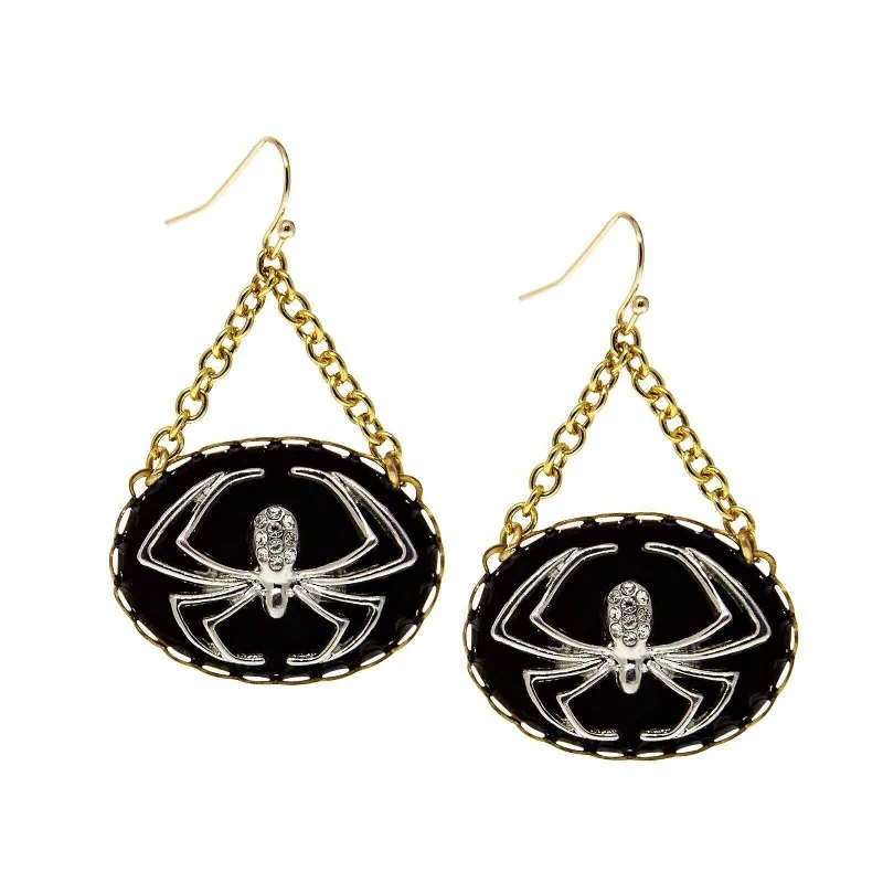 Short Drop Earrings for Subtle -1928 Jewelry Round Spider With Black Enamel Chain Drop Wire Earrings