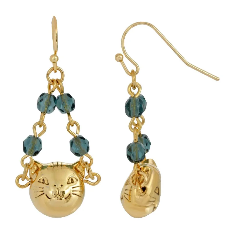 Drop Earrings for Concert Look -1928 Jewelry Cat Face With  Blue Beaded Chain Drop Wire Earrings