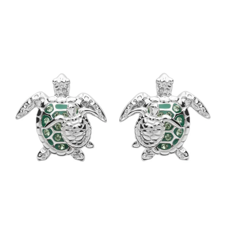 Leverback Drop Earrings for Comfort -Green Mother & Baby Turtle Earrings With Swarovski® Crystals