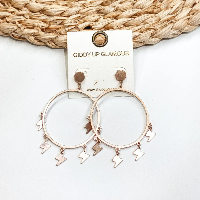 Drop Earrings with Matte Finish -Hoop Post Earrings with Lightning Bolt Dangles in Rose Gold