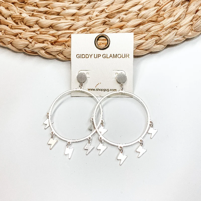 Drop Earrings with Polished Shine -Hoop Post Earrings with Lightning Bolt Dangles in Silver