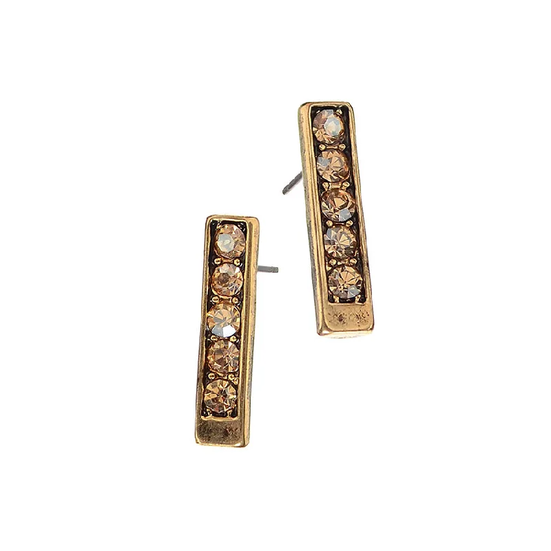 Drop Earrings for Engagement Party -Hot Tomato Antique Gold Totem Studs with Five Champagne Crystals Earrings