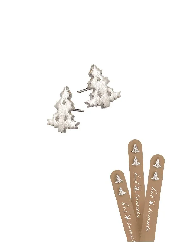 Drop Earrings with Leaf Motifs -Hot Tomato Mini Christmas Trees Earrings in Stainless Steel With Worn Silver Finish