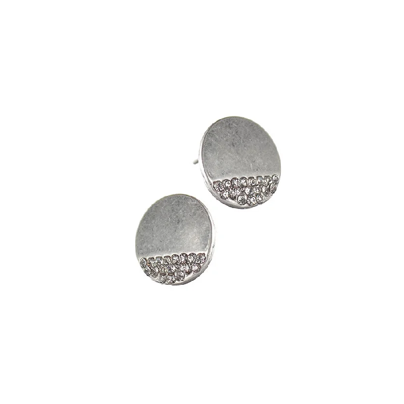 Drop Earrings for Bridesmaids Look -Hot Tomato Moon Studs in Worn Silver with Clear Crystals