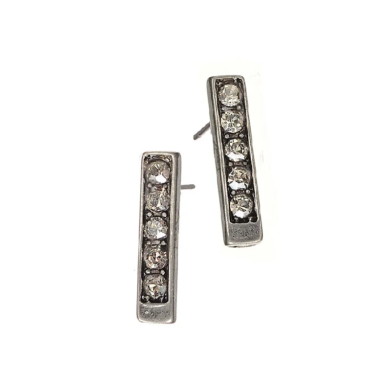 Drop Earrings with Debossed Designs -Hot Tomato Silver Totem Studs with Five Clear Crystals Earrings