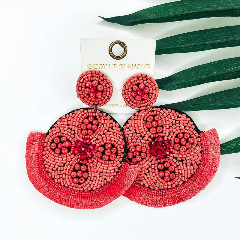 Pearl Drop Earrings for Elegance -Large Seedbead and Crystal Beaded Statement Earrings with Fringe Trim in Coral