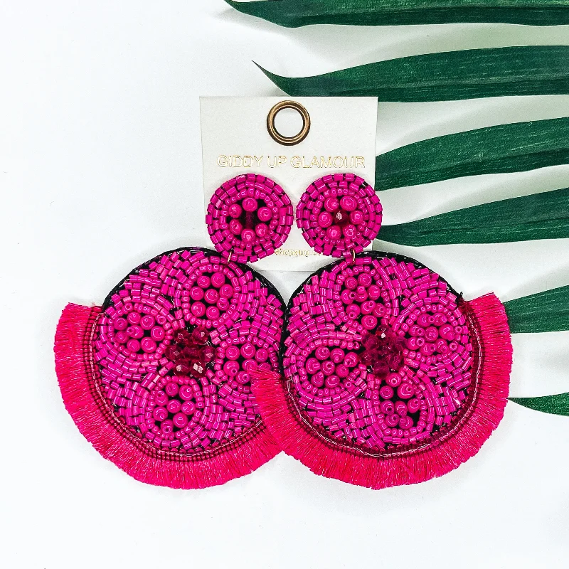 Gold Drop Earrings for Women -Large Seedbead and Crystal Beaded Statement Earrings with Fringe Trim in Fuchsia