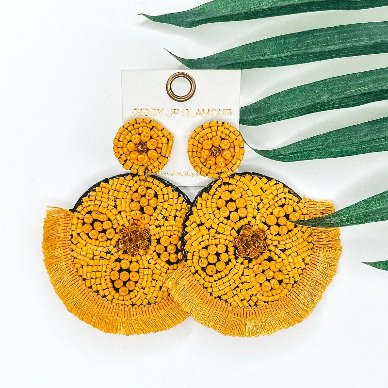 Diamond Drop Earrings for Luxury -Large Seedbead and Crystal Beaded Statement Earrings with Fringe Trim in Mustard