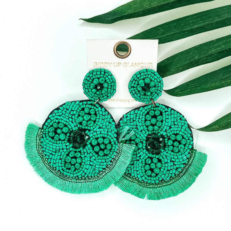 Drop Earrings with Knot Designs -Large Seedbead and Crystal Beaded Statement Earrings with Fringe Trim in Turquoise