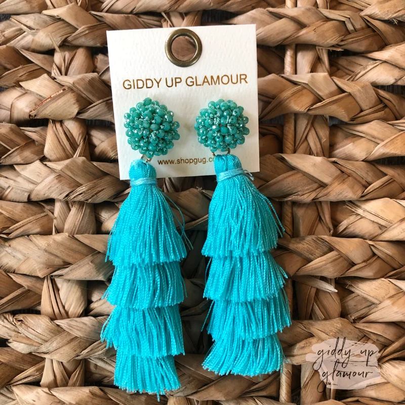 Square Drop Earrings for Modern -Layered Tassel Earrings with Statement Beaded Stud in Turquoise