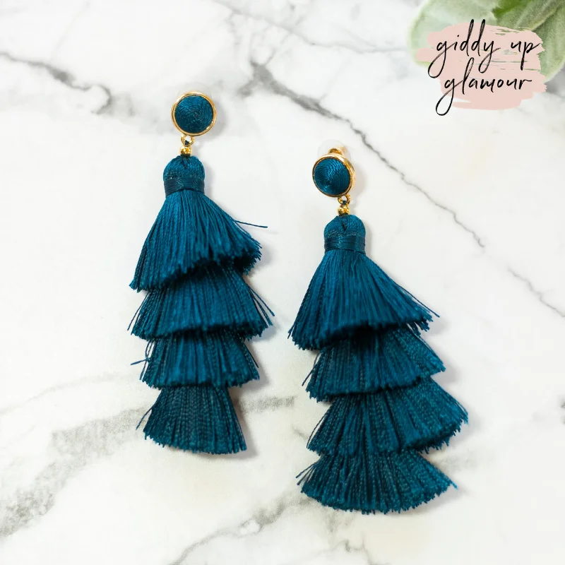 Small Drop Earrings for Delicate -Layered Tassel Earrings with Threaded Stud in Dark Teal Blue