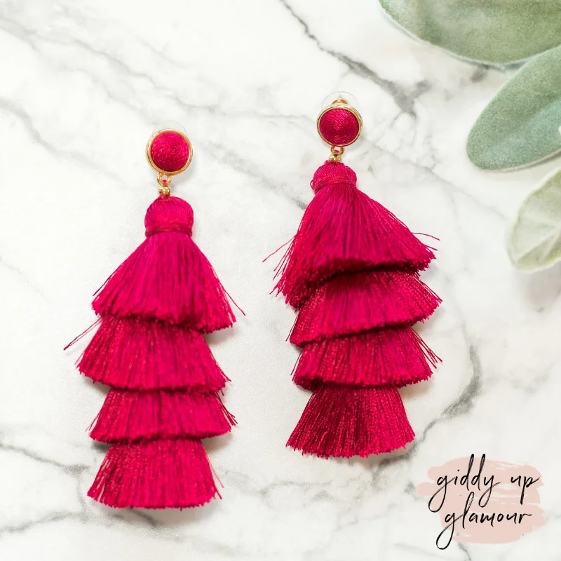 Crystal Drop Earrings for Sparkle -Layered Tassel Earrings with Threaded Stud in Raspberry Pink