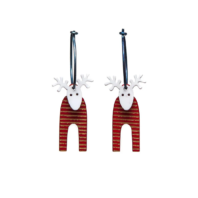 Crystal and Pearl Drop Earrings for Glamour -Lene Lundberg K-Form Red with Gold Stripe Reindeer Earrings