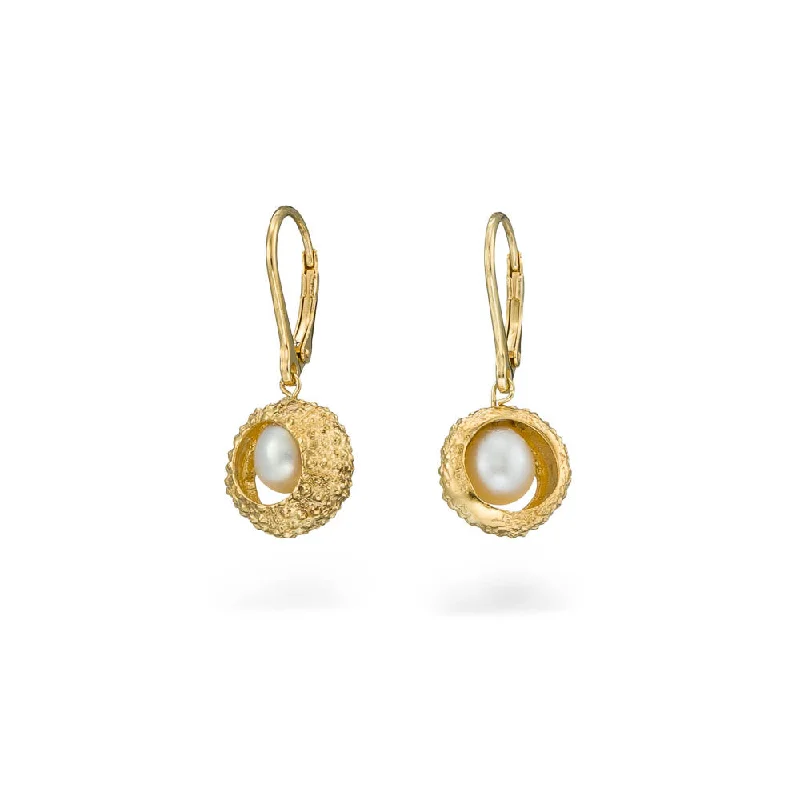 Drop Earrings with Symbolic Elements -Urchin with pearl - dangly earrings - silver 925 - gold plated