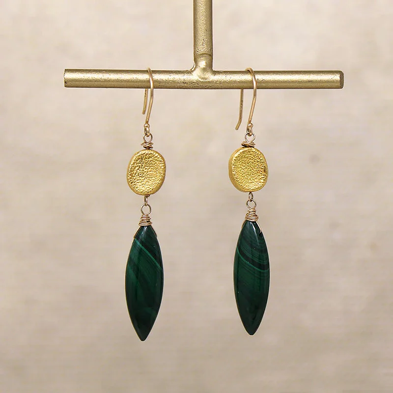 Heavy Duty Drop Earrings for Durability -Malachite Drops Earrings with Luxe Gold Beads by brunet