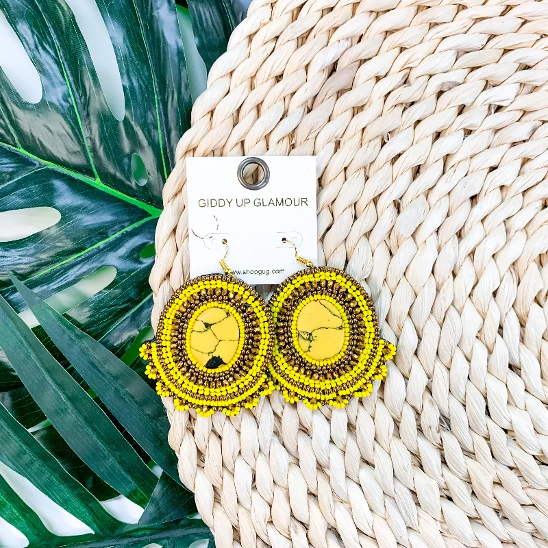 Drop Earrings with Filigree Work -Modern Treasure Seed Bead Oval Earrings With Stone In Yellow