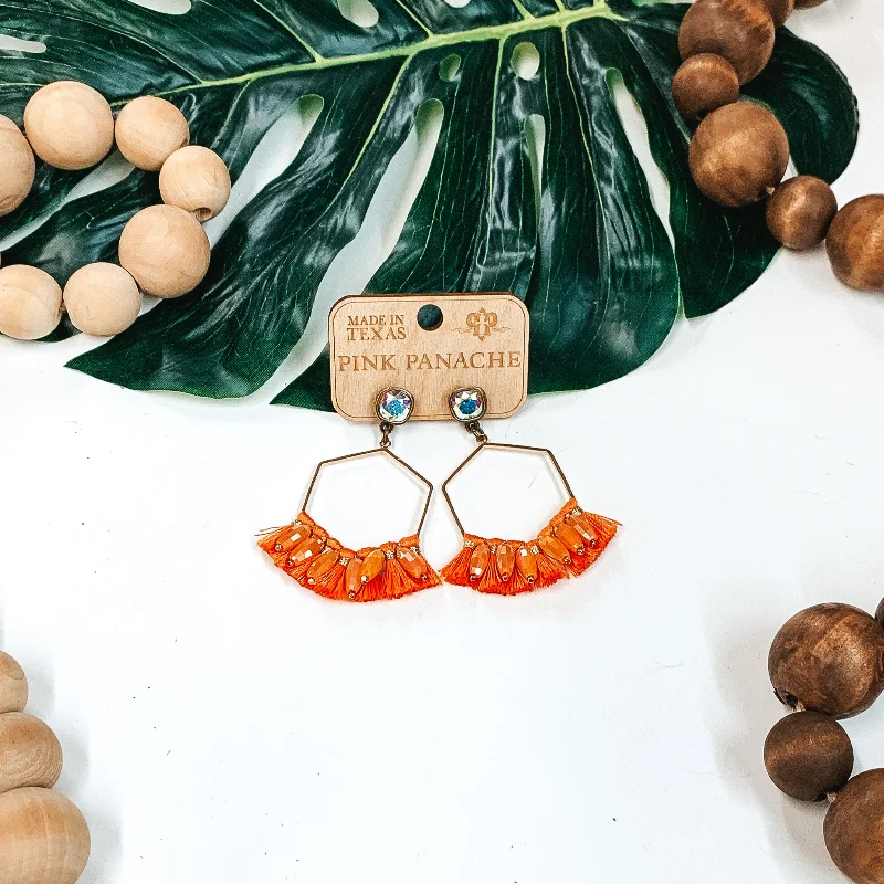 Drop Earrings with Enamel Coating -Pink Panache | Hexagon Wire Earrings with Fringe Detailing and Clear Cushion Cut Crystal in Gold and Orange