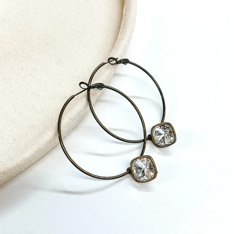 Drop Earrings for Fitness Activities -Pink Panache | Large Bronze Hoop Earrings with Clear Cushion Cut Crystals in Square Setting