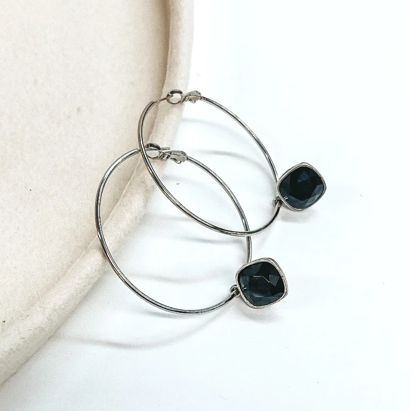 Drop Earrings for Anniversary -Pink Panache | Large Silver Hoop Earrings with Black Cushion Cut Crystals in Square Setting