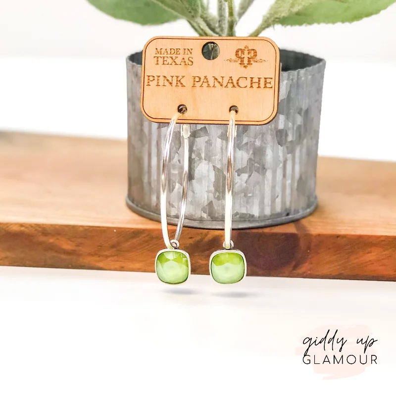 Drop Earrings for Formal Attire -Pink Panache | Large Silver Hoop Earrings with Cushion Cut Crystals in Lime Green