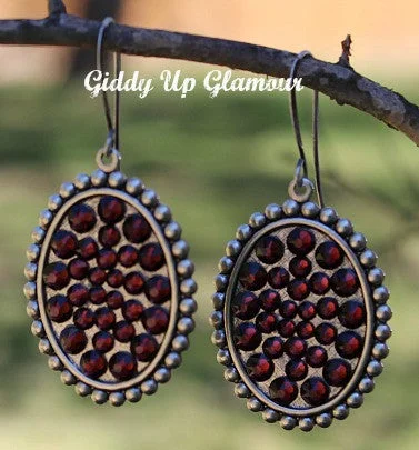 Geometric Drop Earrings for Trend -Pink Panache Small Silver Oval Earrings with Maroon Crystals