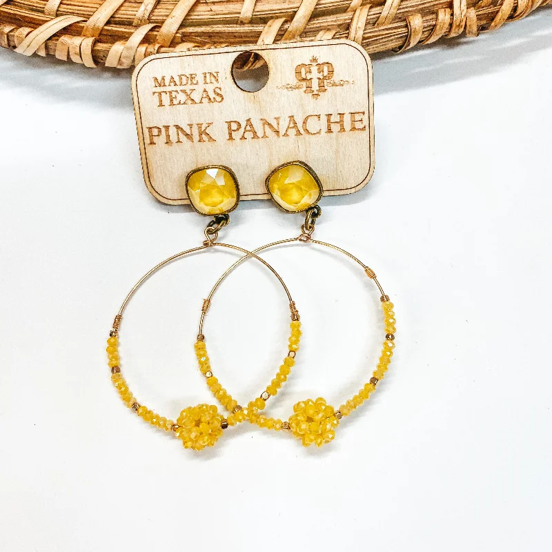 Drop Earrings with Filigree Work -Pink Panache | Yellow and Gold Beaded Knot Hoop Earrings with Cushion Cut Crystals in Yellow