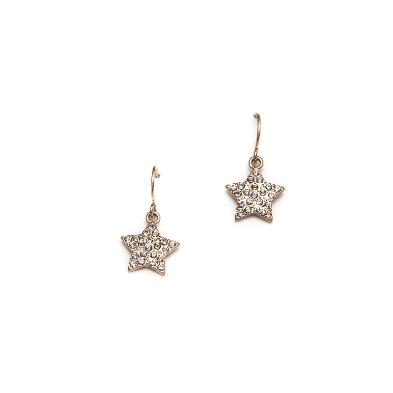 Drop Earrings for School Uniform -Pom Gold Star Earrings with Clear Crystals