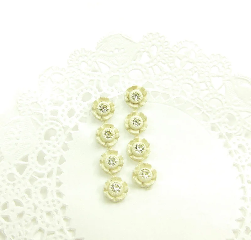 Drop Earrings with Wave Designs -Rhinestone Rose Post Earrings with White Plastic Roses