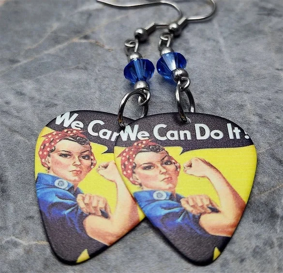 Heavy Duty Drop Earrings for Durability -Rosie the Riveter Guitar Pick Earrings with Blue Swarovski Crystals