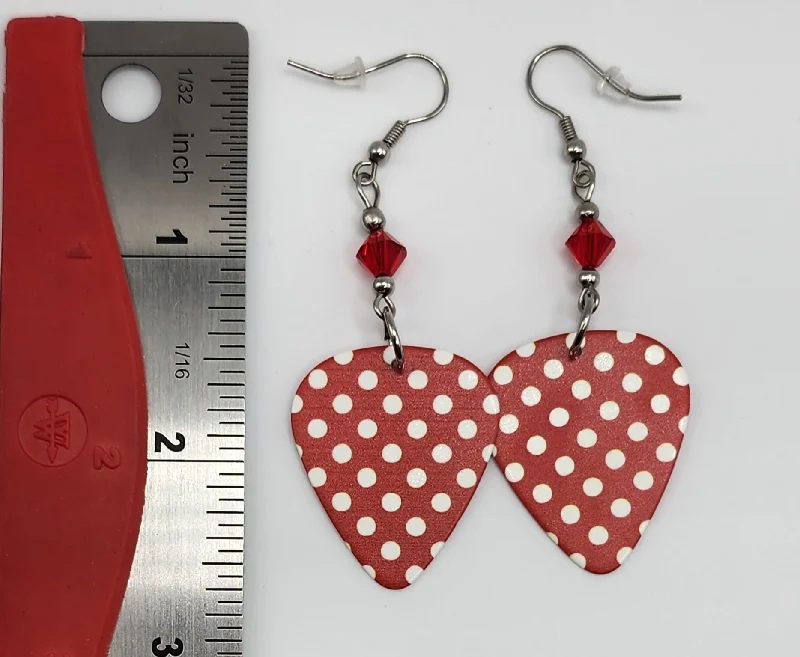 Lightweight Drop Earrings for All Day -Rosie the Riveter Red & White Polka Dot Guitar Pick Earrings with Red Swarovski Crystals