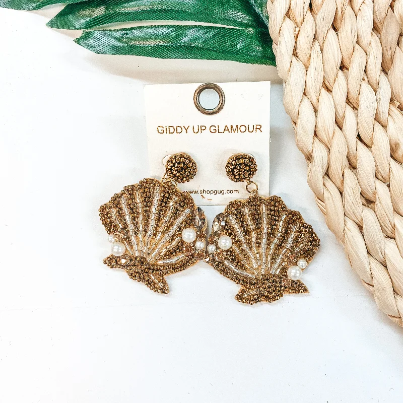 Drop Earrings with Floral Motifs -Sea You Later Seed Bead Sea Shell Earrings with Pearls in Gold