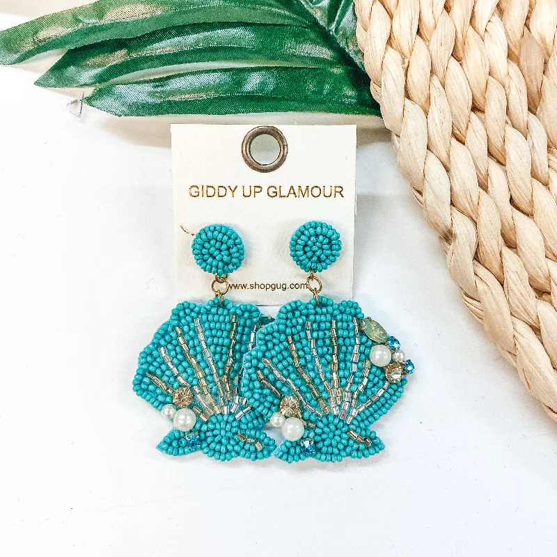 Drop Earrings with Symbolic Elements -Sea You Later Seed Bead Sea Shell Earrings with Pearls in Turquoise