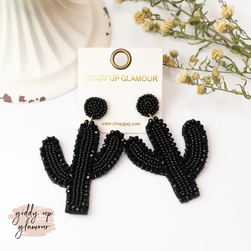 Drop Earrings for Shopping Trip -Seed Bead Cactus Post Earrings with Crystal Trim in Black