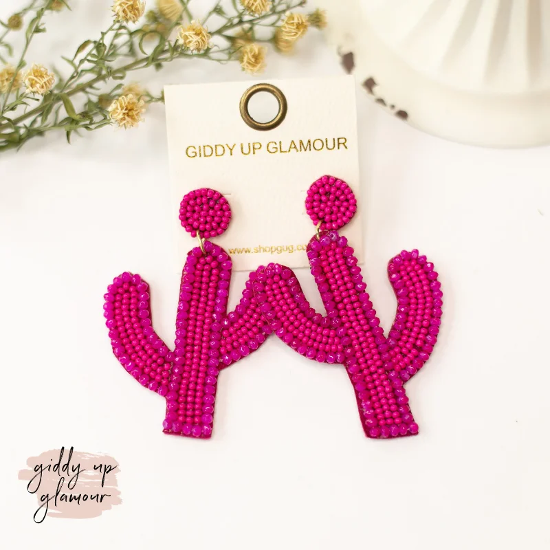 Drop Earrings for Travel Look -Seed Bead Cactus Post Earrings with Crystal Trim in Fuchsia