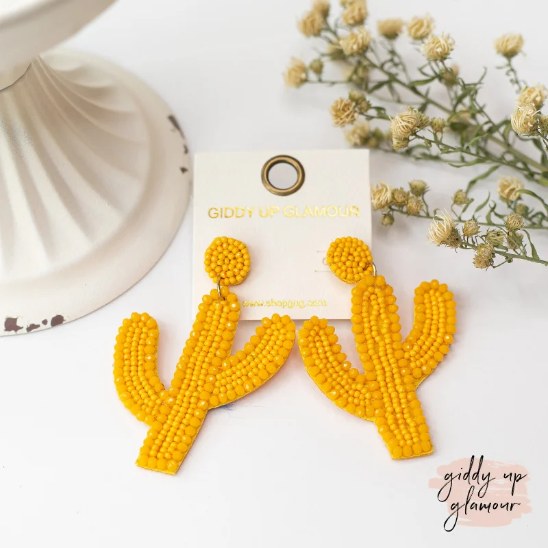 Drop Earrings for School Uniform -Seed Bead Cactus Post Earrings with Crystal Trim in Yellow| ONLY 1 LEFT!