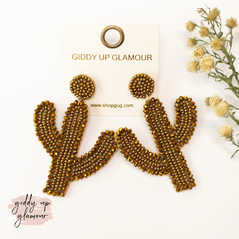 Drop Earrings for Gym Workout -Seed Bead Cactus Post Earrings with Crystal Trim in Gold