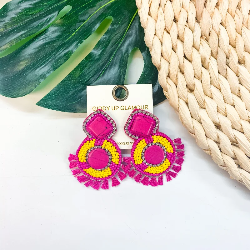 Drop Earrings for Party Look -Seed Bead Earrings With Stone In Fuchsia