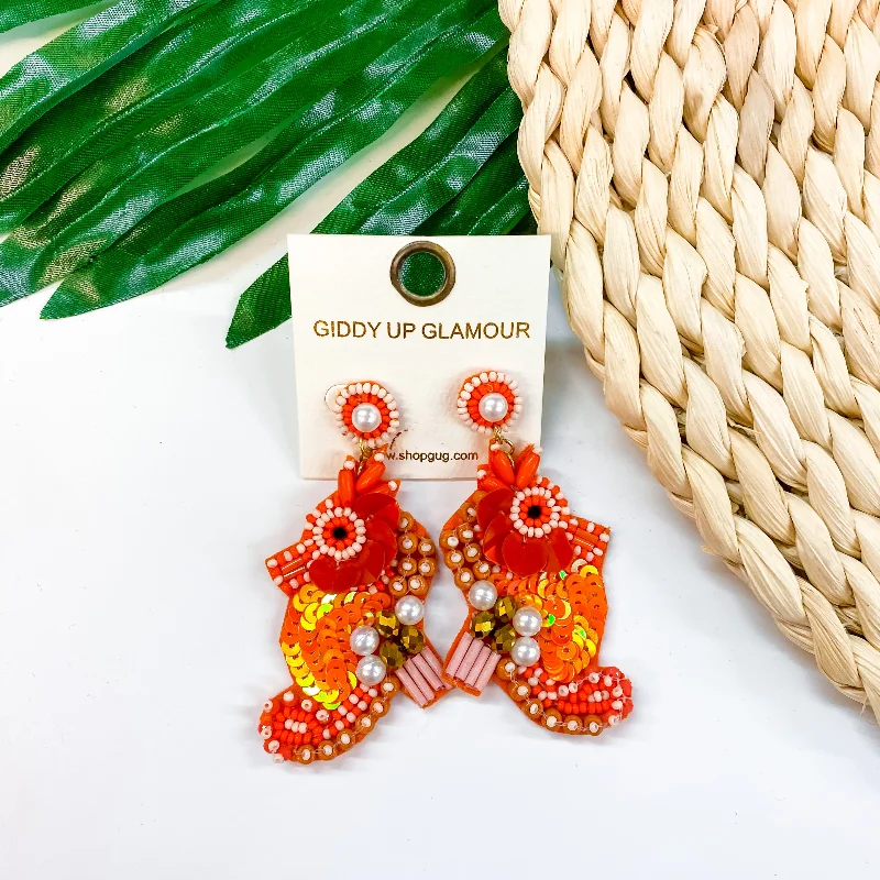 Drop Earrings for Fitness Activities -Seed Bead Sea Horse Earrings with Pearls in Orange