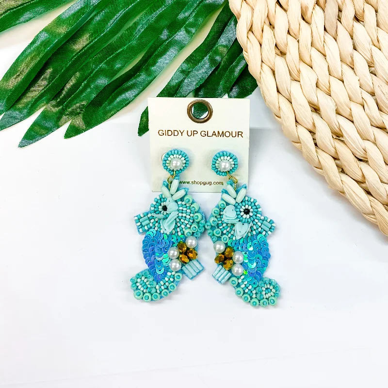 Drop Earrings for Wellness Routine -Seed Bead Sea Horse Earrings with Pearls in Turquoise