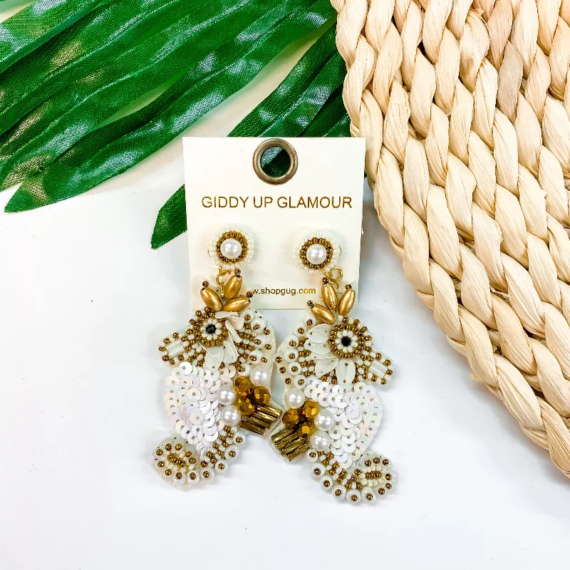 Drop Earrings for Gym Workout -Seed Bead Sea Horse Earrings with Pearls in White