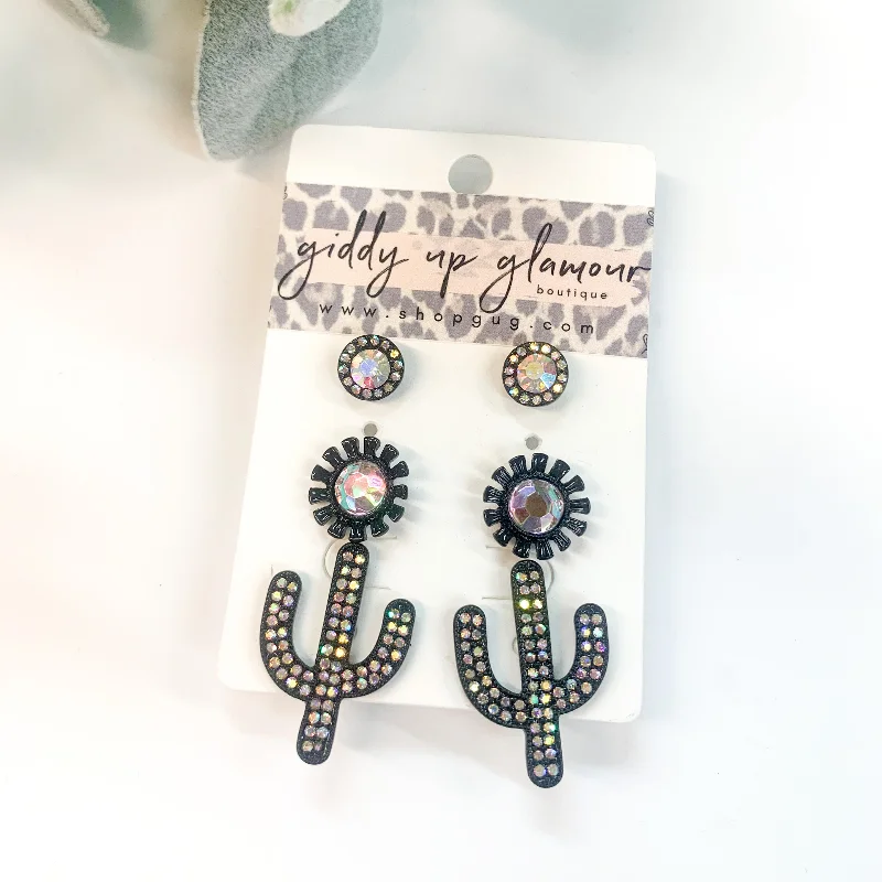 Drop Earrings for Wedding Ceremony -Set of Three | Cactus Stud Earring Set with AB Crystals in Black