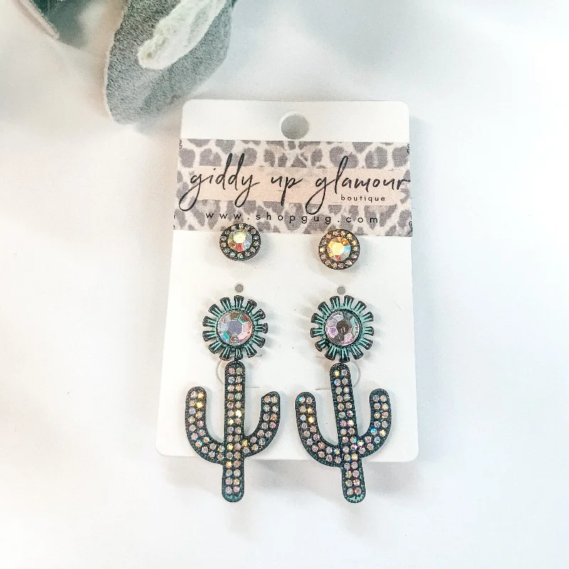 Drop Earrings for Engagement Party -Set of Three | Cactus Stud Earring Set with AB Crystals in Patina Turquoise