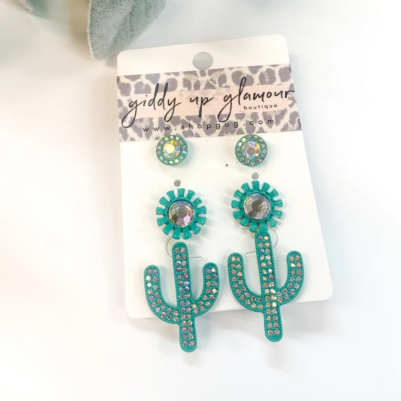 Drop Earrings with Debossed Designs -Set of Three | Cactus Stud Earring Set with AB Crystals in Turquoise