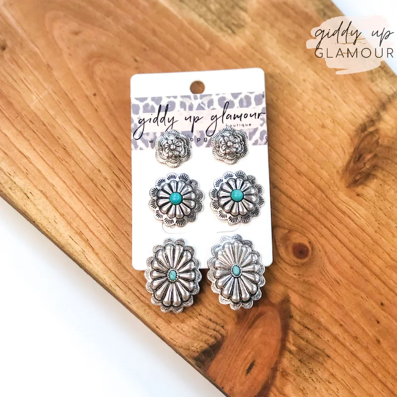 Drop Earrings for Casual Outfit -Set of Three | Concho Earring Set with Turquoise Stones in Silver