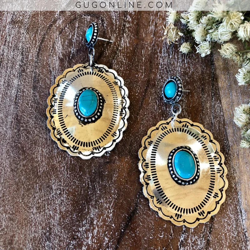 Heart Shaped Drop Earrings for Love -Silver Concho Earrings with Turquoise Stones