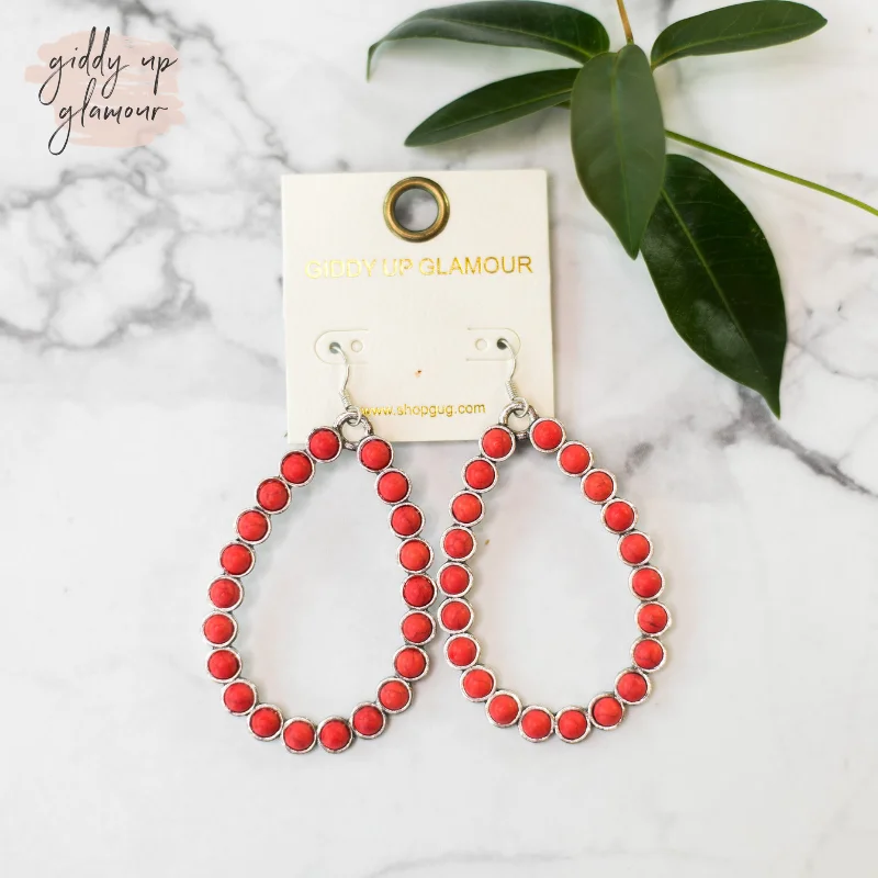 Drop Earrings with Animal Motifs -Silver Teardrop Outline Earrings with Coral Stones